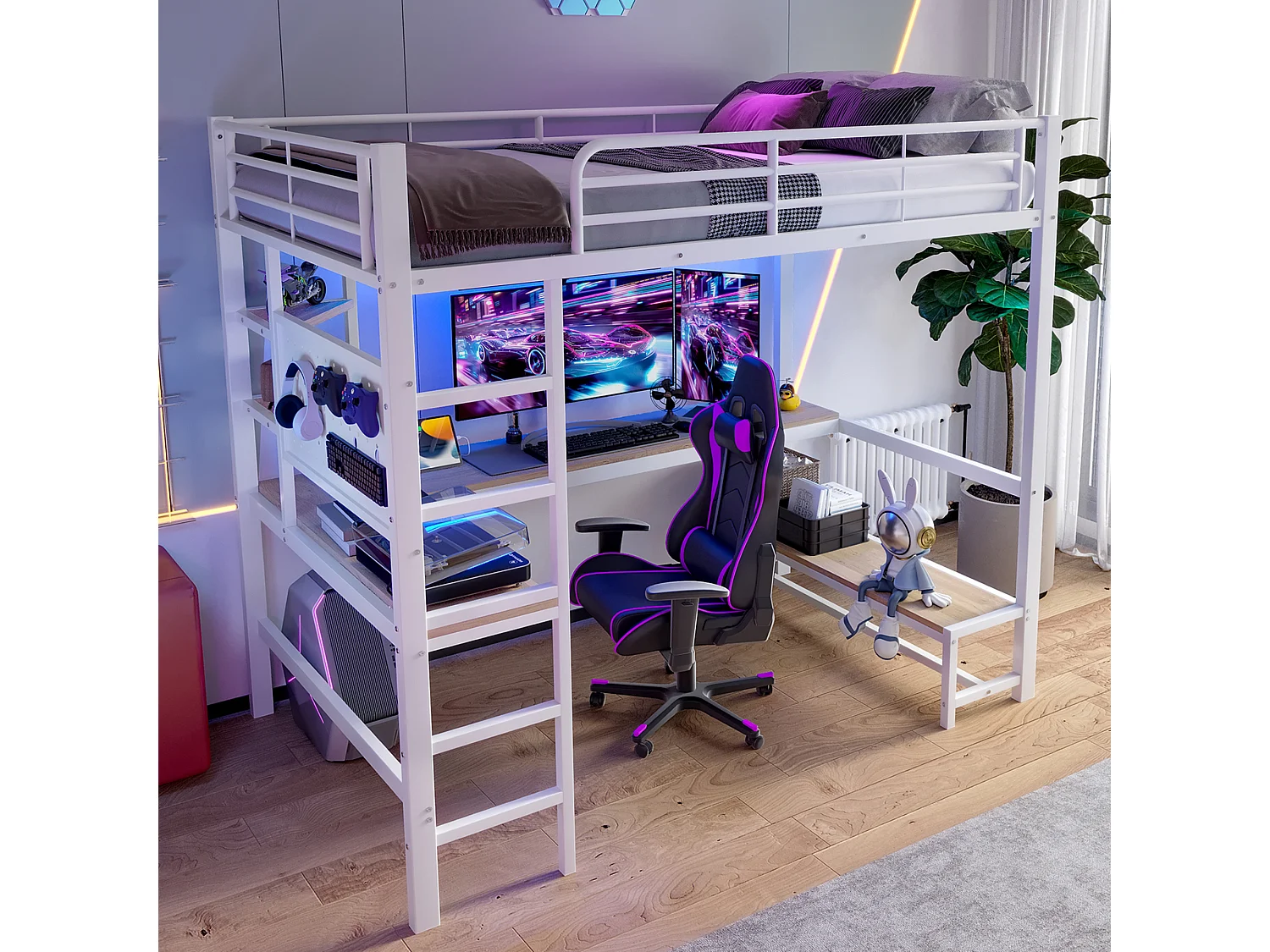 Lit mezzanine 90x200cm - avec bureau + garde-corps - avec prises USB + Type-C - avec bande lumineuse LED - blanc