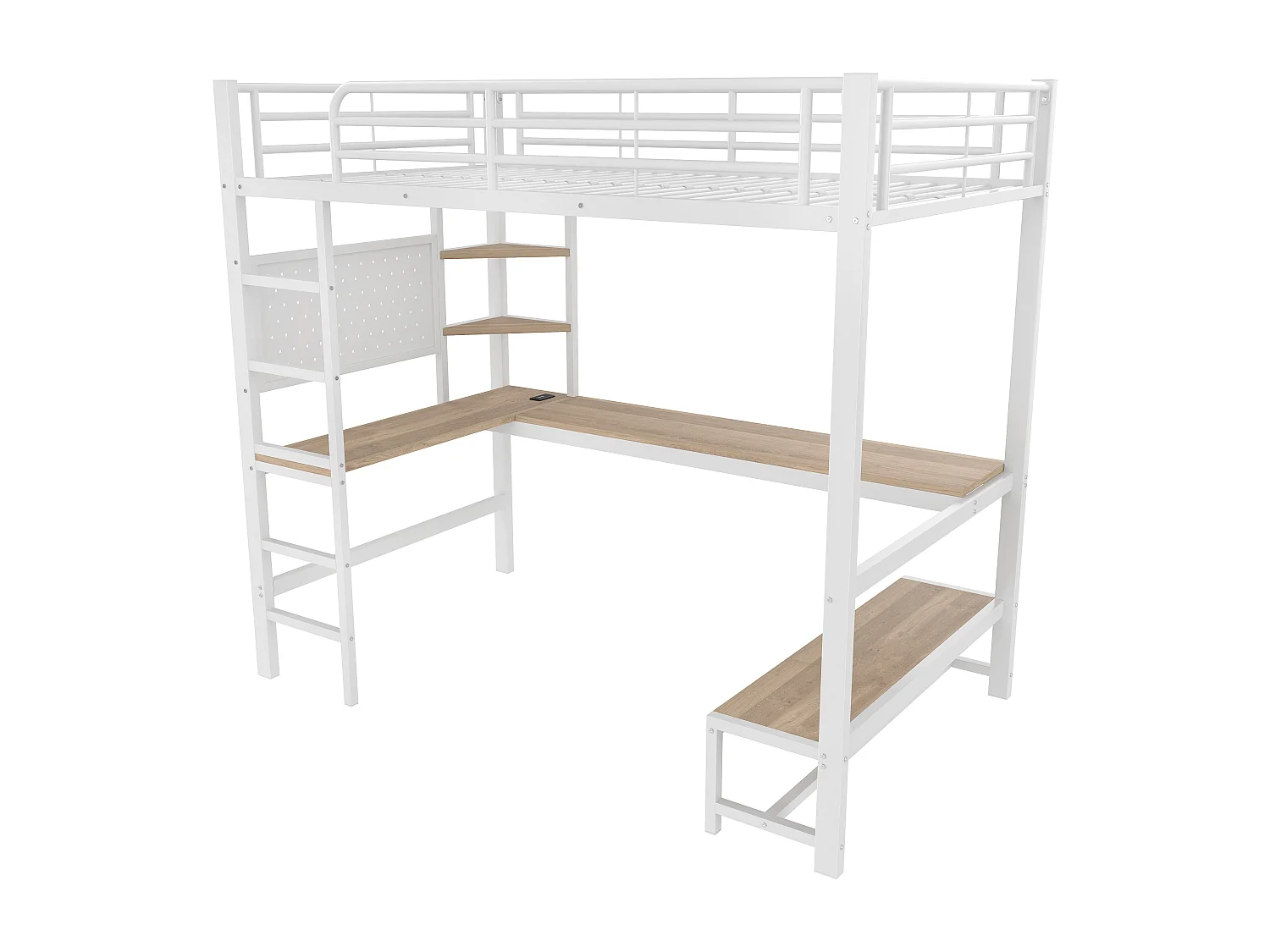 Lit mezzanine 90x200cm - avec bureau + garde-corps - avec prises USB + Type-C - avec bande lumineuse LED - blanc