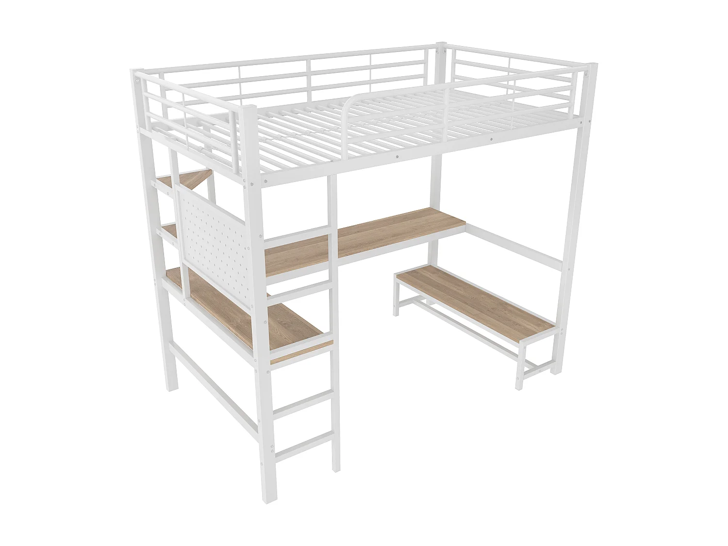 Lit mezzanine 90x200cm - avec bureau + garde-corps - avec prises USB + Type-C - avec bande lumineuse LED - blanc