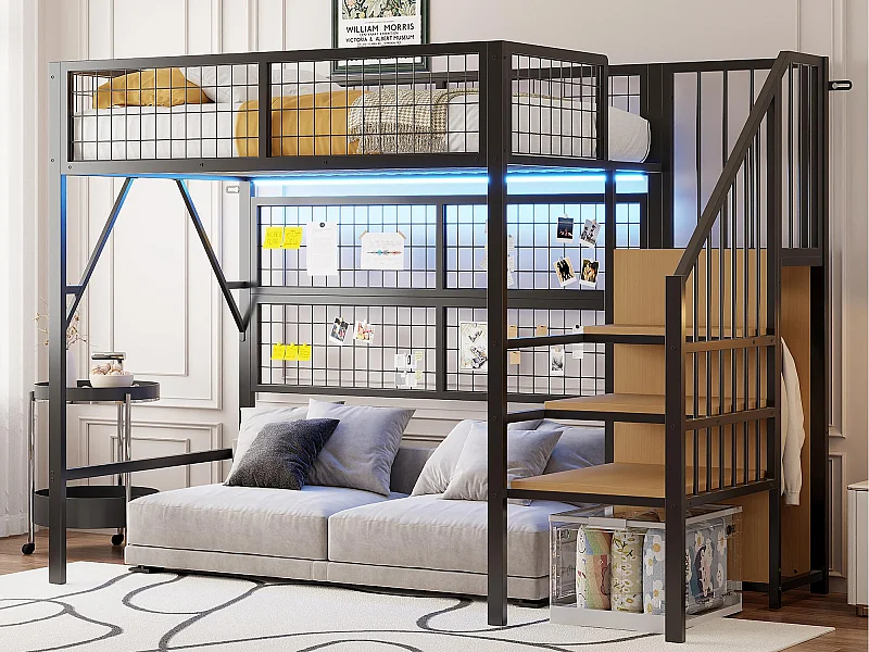 Cama tipo loft 90x200 - con iluminación LED - con escalera de almacenamiento - con armario abierto - negra (sin colchón)