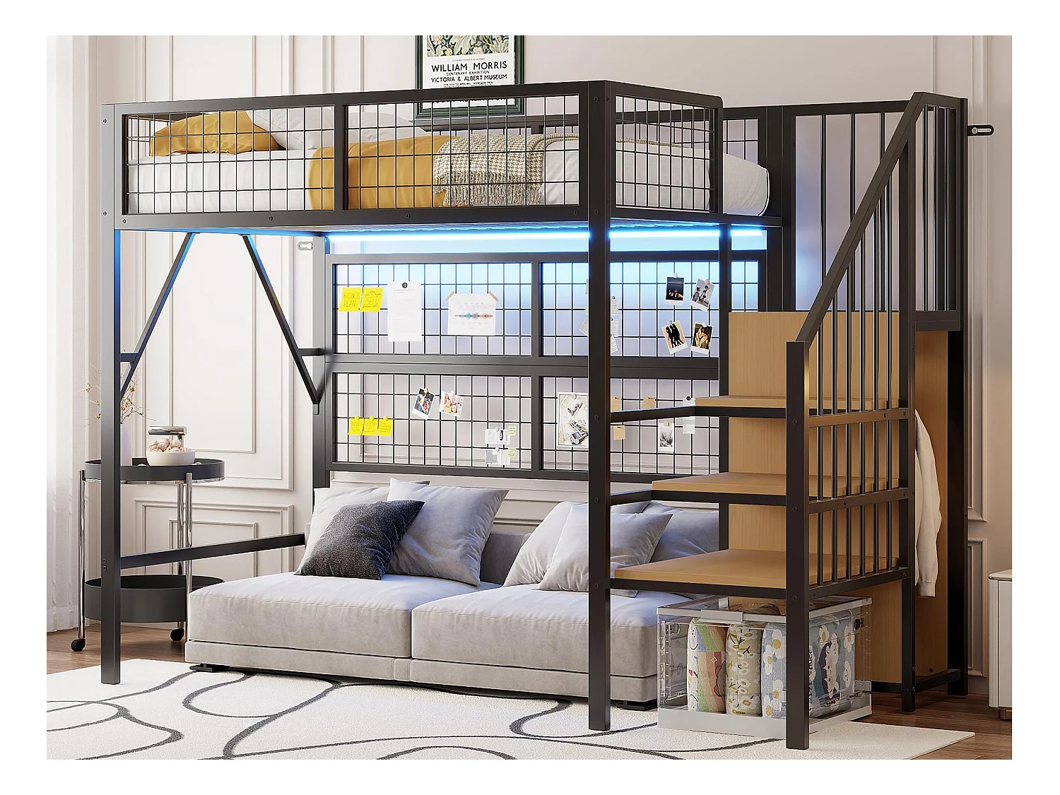 Loftbed 90x200 - met LED-verlichting - met opbergtrap - met open kledingkast - zwart (zonder matras)