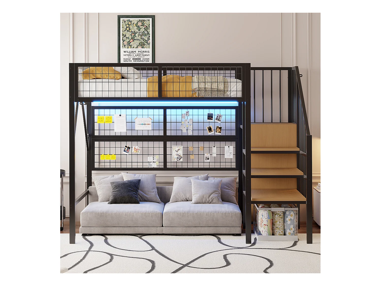 Loftbed 90x200 - met LED-verlichting - met opbergtrap - met open kledingkast - zwart (zonder matras)