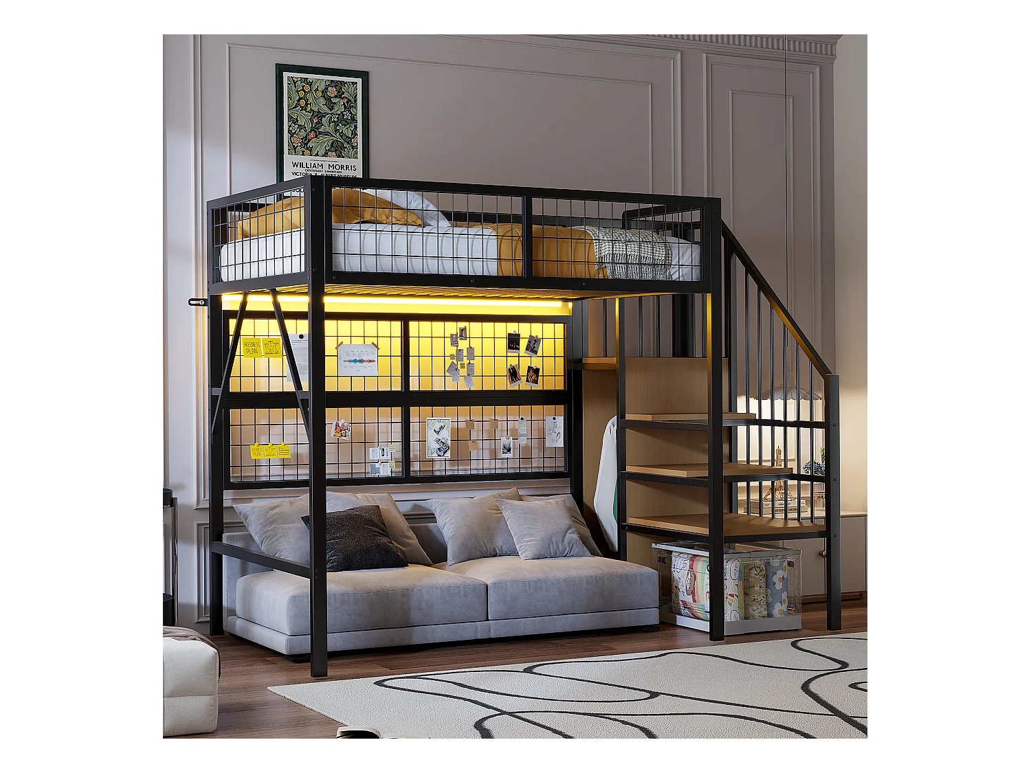 Loftbed 90x200 - met LED-verlichting - met opbergtrap - met open kledingkast - zwart (zonder matras)