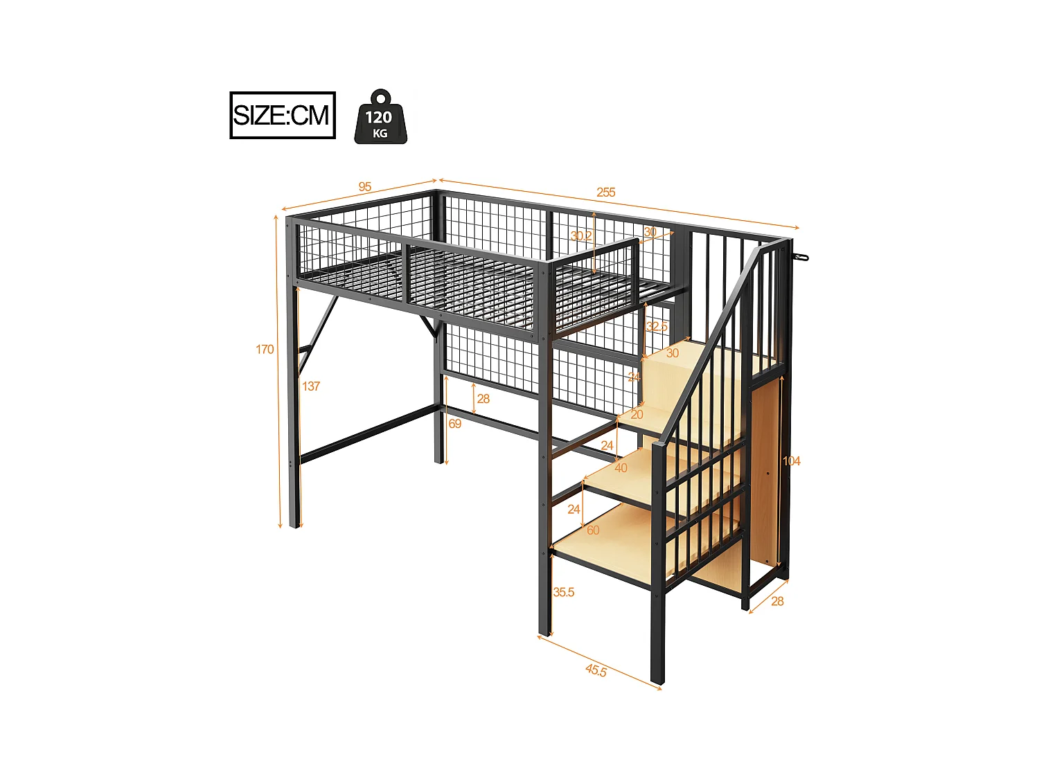 Loftbed 90x200 - met LED-verlichting - met opbergtrap - met open kledingkast - zwart (zonder matras)