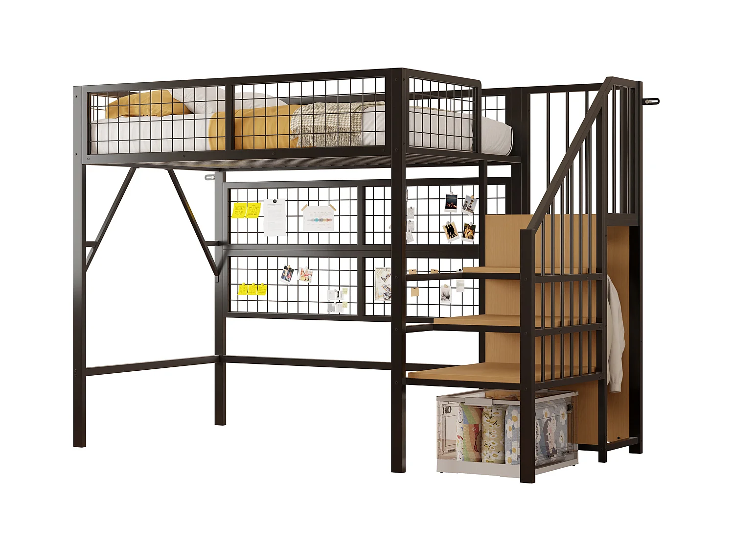 Loftbed 90x200 - met LED-verlichting - met opbergtrap - met open kledingkast - zwart (zonder matras)