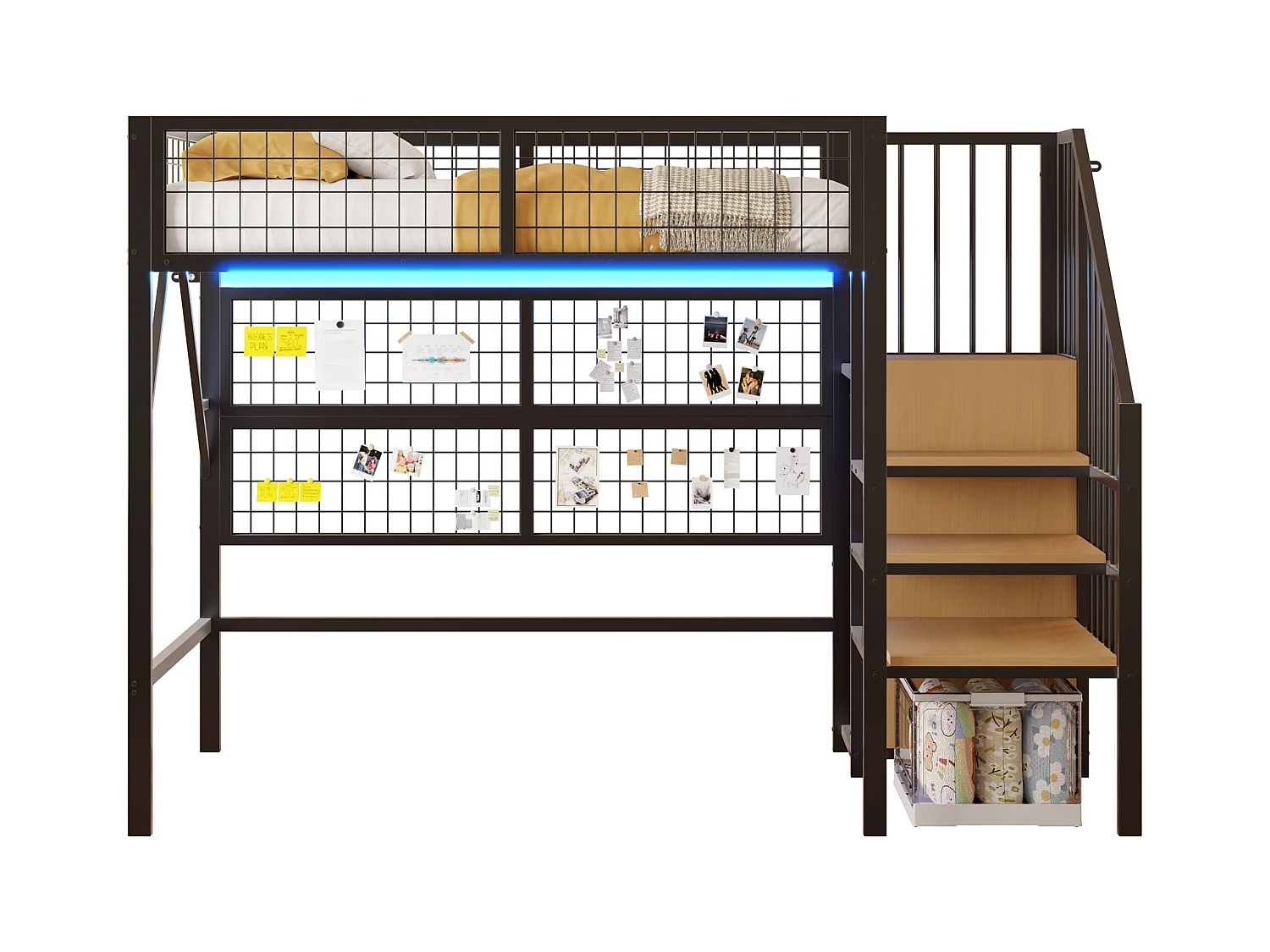 Loftbed 90x200 - met LED-verlichting - met opbergtrap - met open kledingkast - zwart (zonder matras)