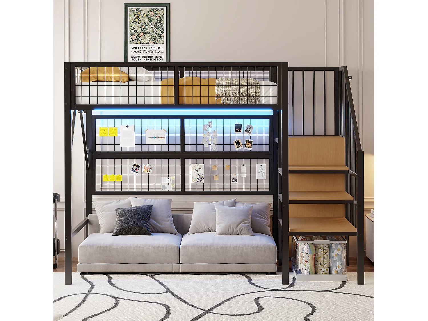 Hochbett 90x200 - mit LED-Beleuchtung - mit Aufbewahrungstreppe - mit offenem Kleiderschrank - schwarz (ohne Matratze)