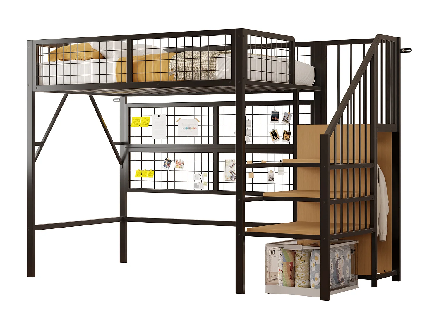 Hochbett 90x200 - mit LED-Beleuchtung - mit Aufbewahrungstreppe - mit offenem Kleiderschrank - schwarz (ohne Matratze)