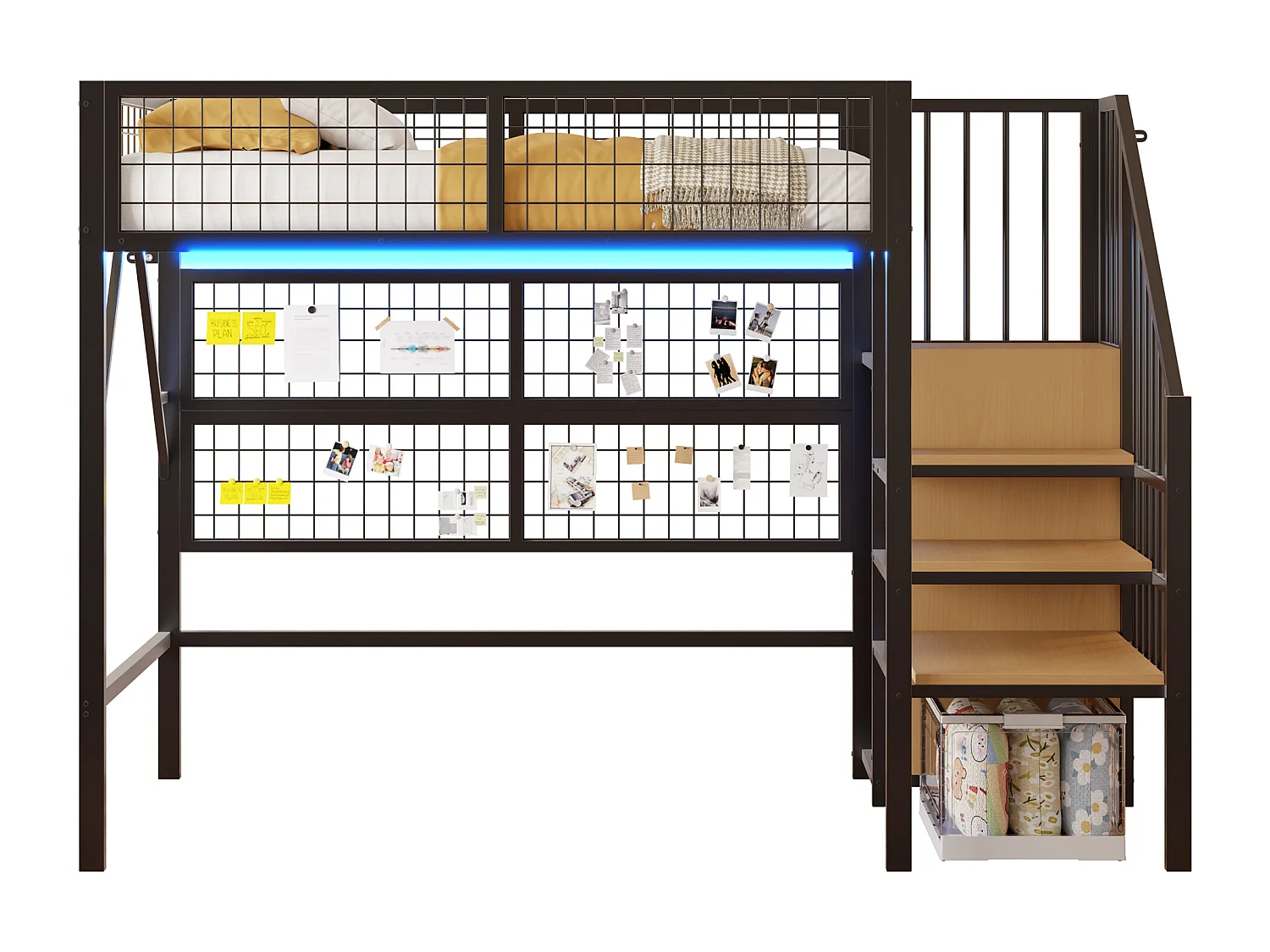 Hochbett 90x200 - mit LED-Beleuchtung - mit Aufbewahrungstreppe - mit offenem Kleiderschrank - schwarz (ohne Matratze)