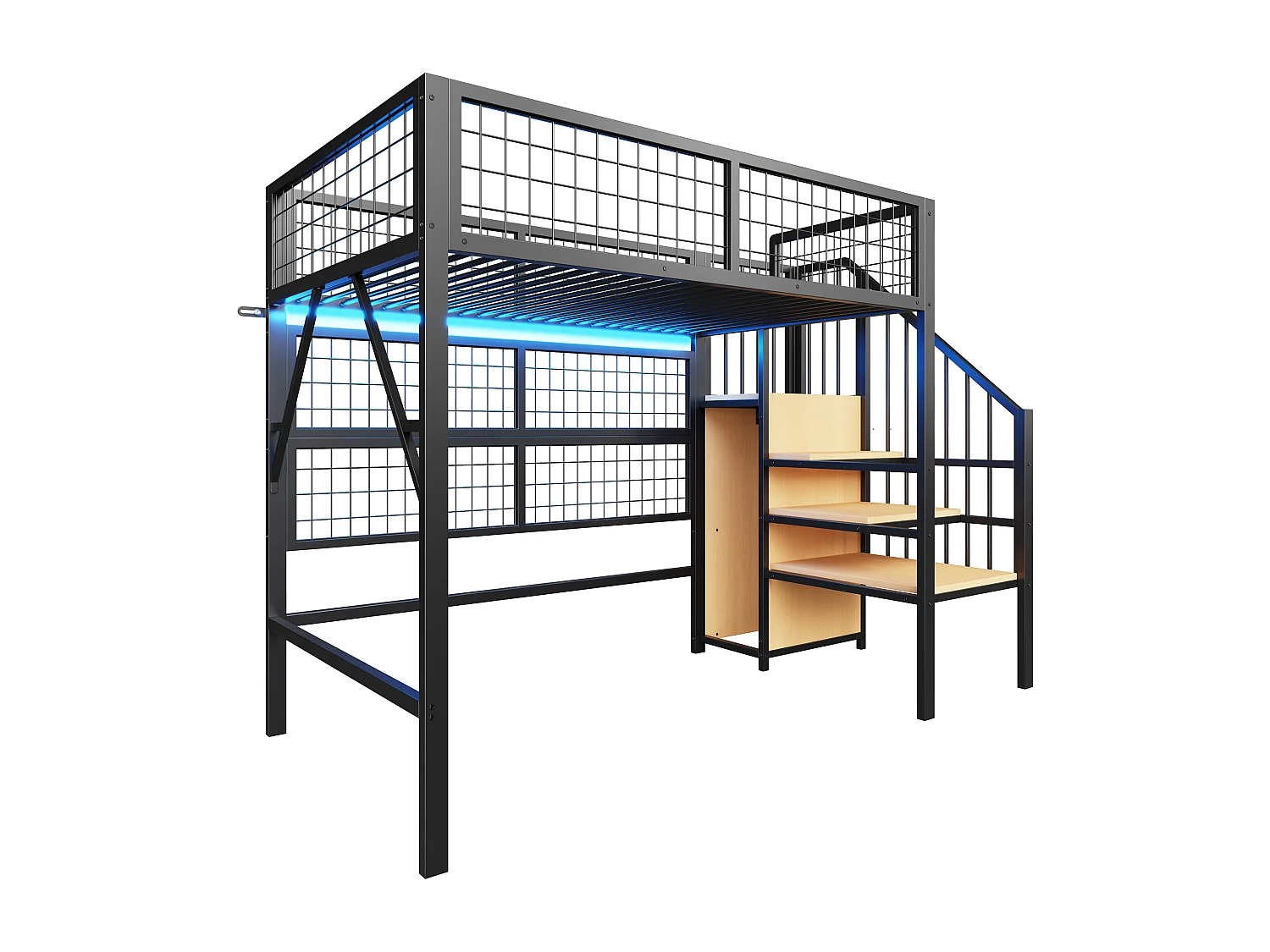 Hochbett 90x200 - mit LED-Beleuchtung - mit Aufbewahrungstreppe - mit offenem Kleiderschrank - schwarz (ohne Matratze)