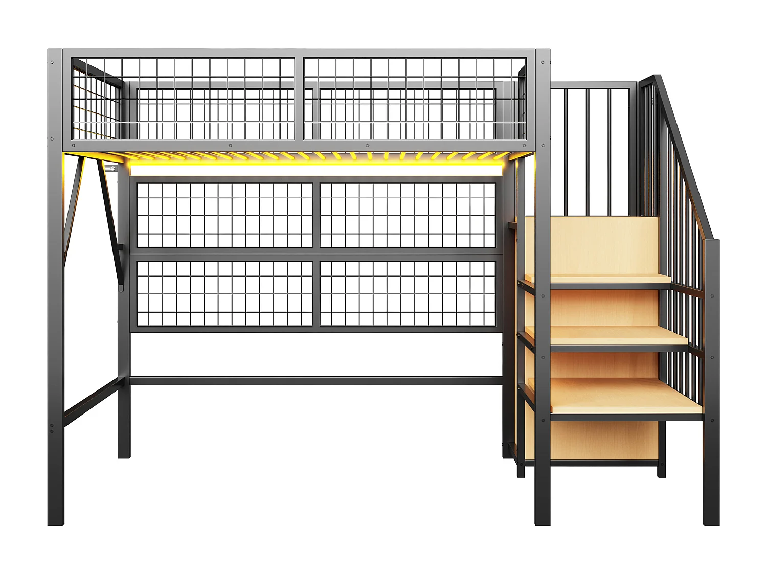 Hochbett 90x200 - mit LED-Beleuchtung - mit Aufbewahrungstreppe - mit offenem Kleiderschrank - schwarz (ohne Matratze)