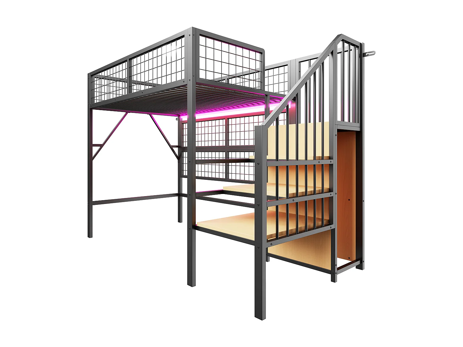 Hochbett 90x200 - mit LED-Beleuchtung - mit Aufbewahrungstreppe - mit offenem Kleiderschrank - schwarz (ohne Matratze)