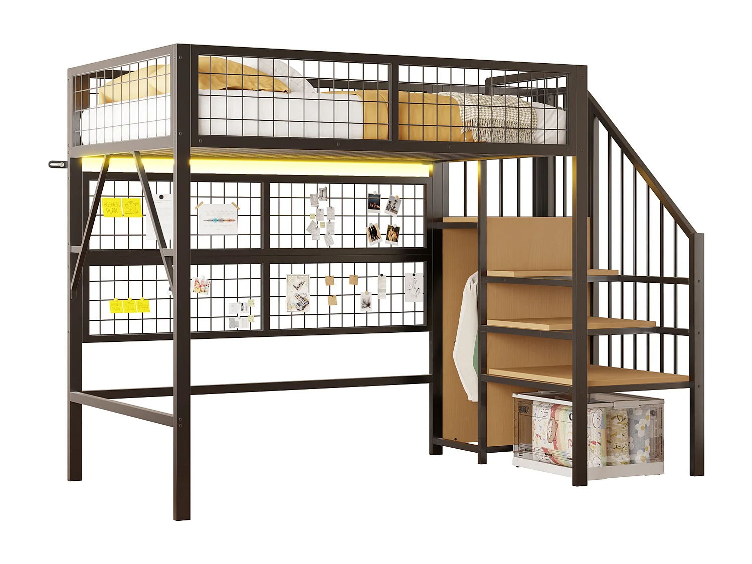 Hochbett 90x200 - mit LED-Beleuchtung - mit Aufbewahrungstreppe - mit offenem Kleiderschrank - schwarz (ohne Matratze)