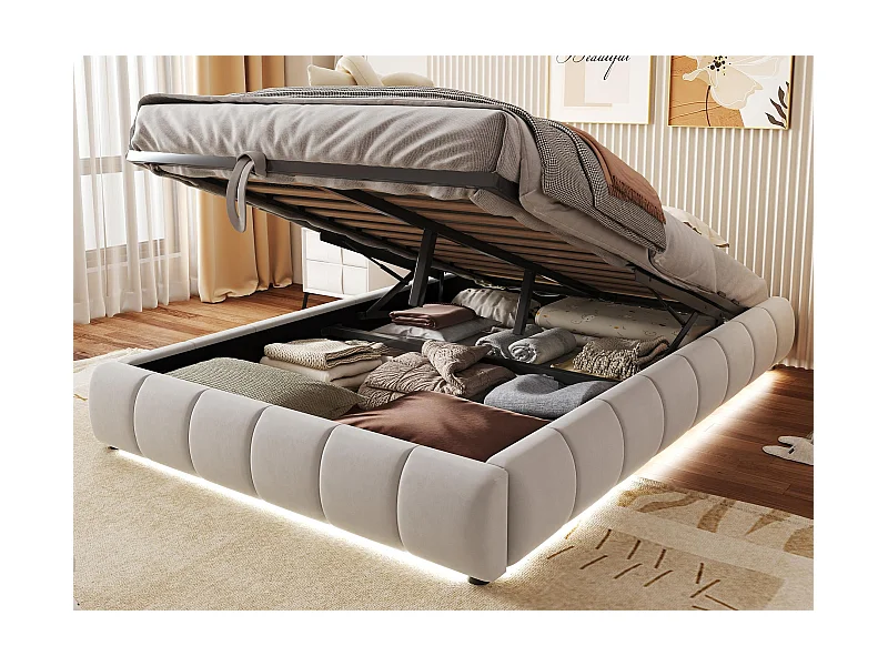Gepolstertes Bett mit Stauraum 140x200cm - mit LED-Lichtleiste (einfarbig) - Beige (Matratze nicht enthalten)