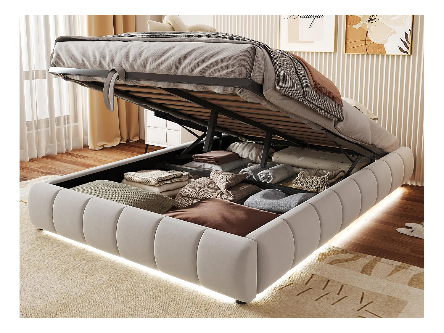 Lit coffre rembourré 140x200cm - avec bande lumineuse LED (couleur unie) - Beige (matelas non inclus)