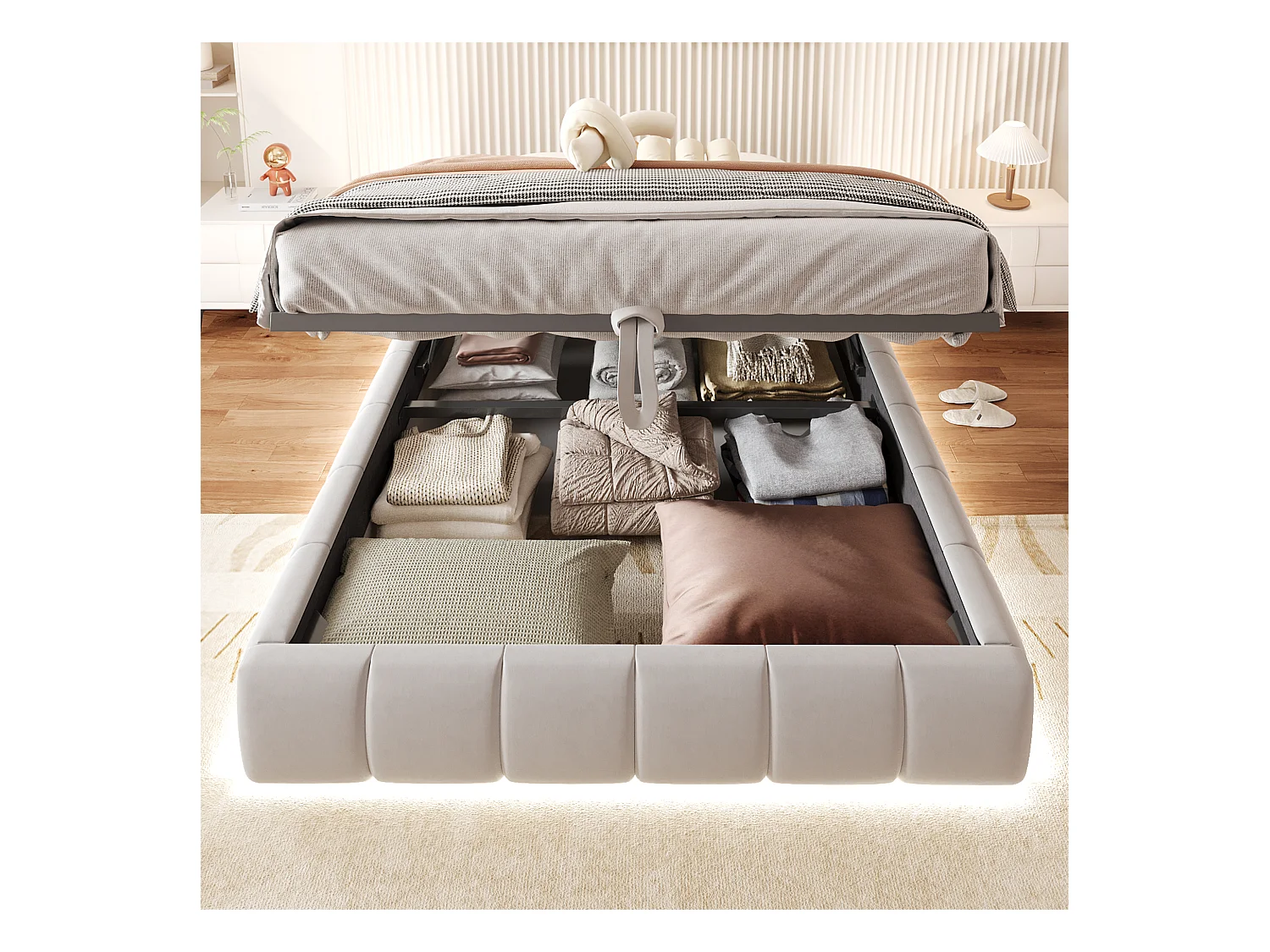 Lit coffre rembourré 140x200cm - avec bande lumineuse LED (couleur unie) - Beige (matelas non inclus)