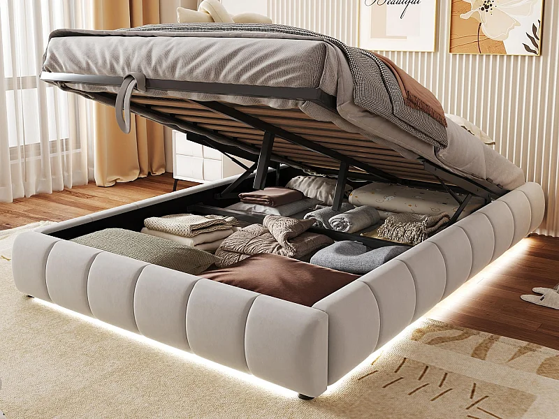 Lit coffre rembourré 140x200cm - avec bande lumineuse LED (couleur unie) - Beige (matelas non inclus)