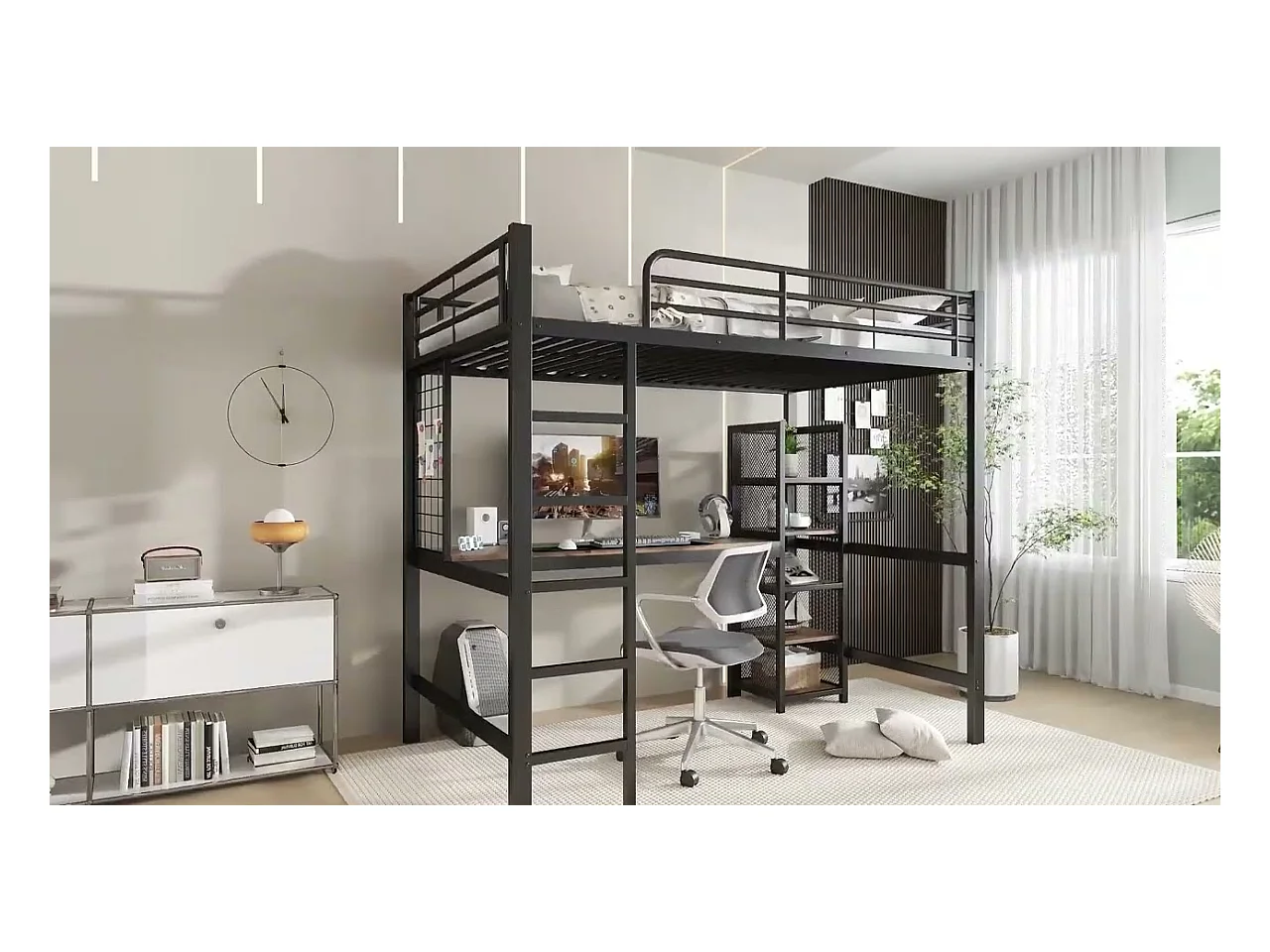 Lit mezzanine 90x200 cm - avec bureau et étagère de rangement - avec échelle de sécurité à 5 marches - Métal + MDF - Noir + Naturel