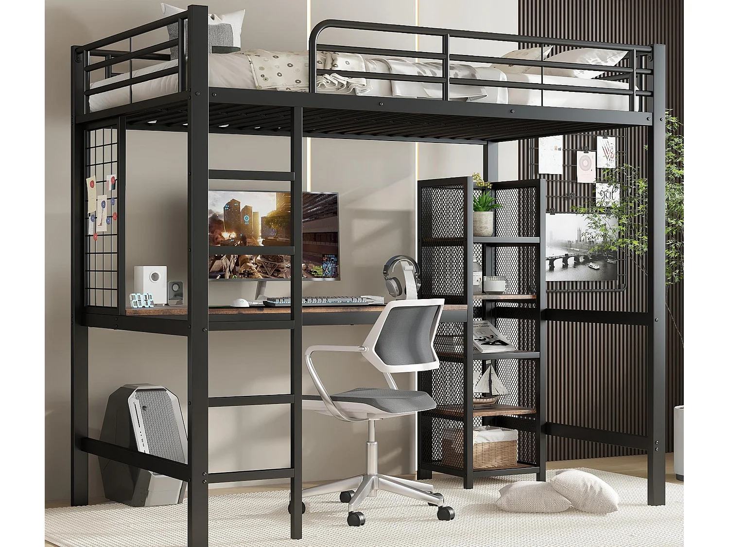 Lit mezzanine 90x200 cm - avec bureau et étagère de rangement - avec échelle de sécurité à 5 marches - Métal + MDF - Noir + Naturel