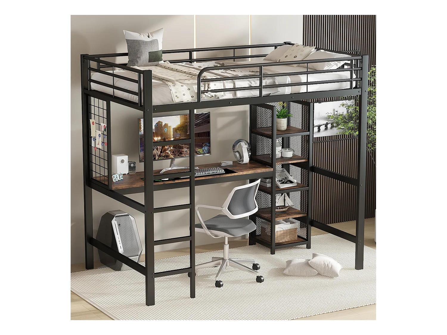 Lit mezzanine 90x200 cm - avec bureau et étagère de rangement - avec échelle de sécurité à 5 marches - Métal + MDF - Noir + Naturel