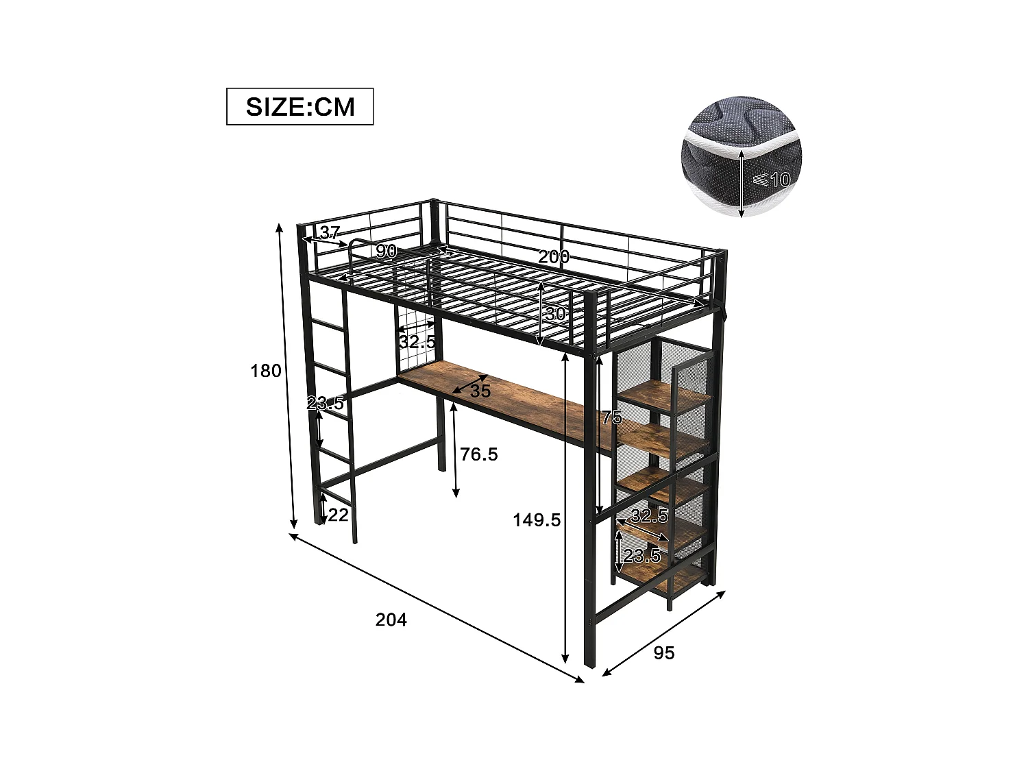 Lit mezzanine 90x200 cm - avec bureau et étagère de rangement - avec échelle de sécurité à 5 marches - Métal + MDF - Noir + Naturel