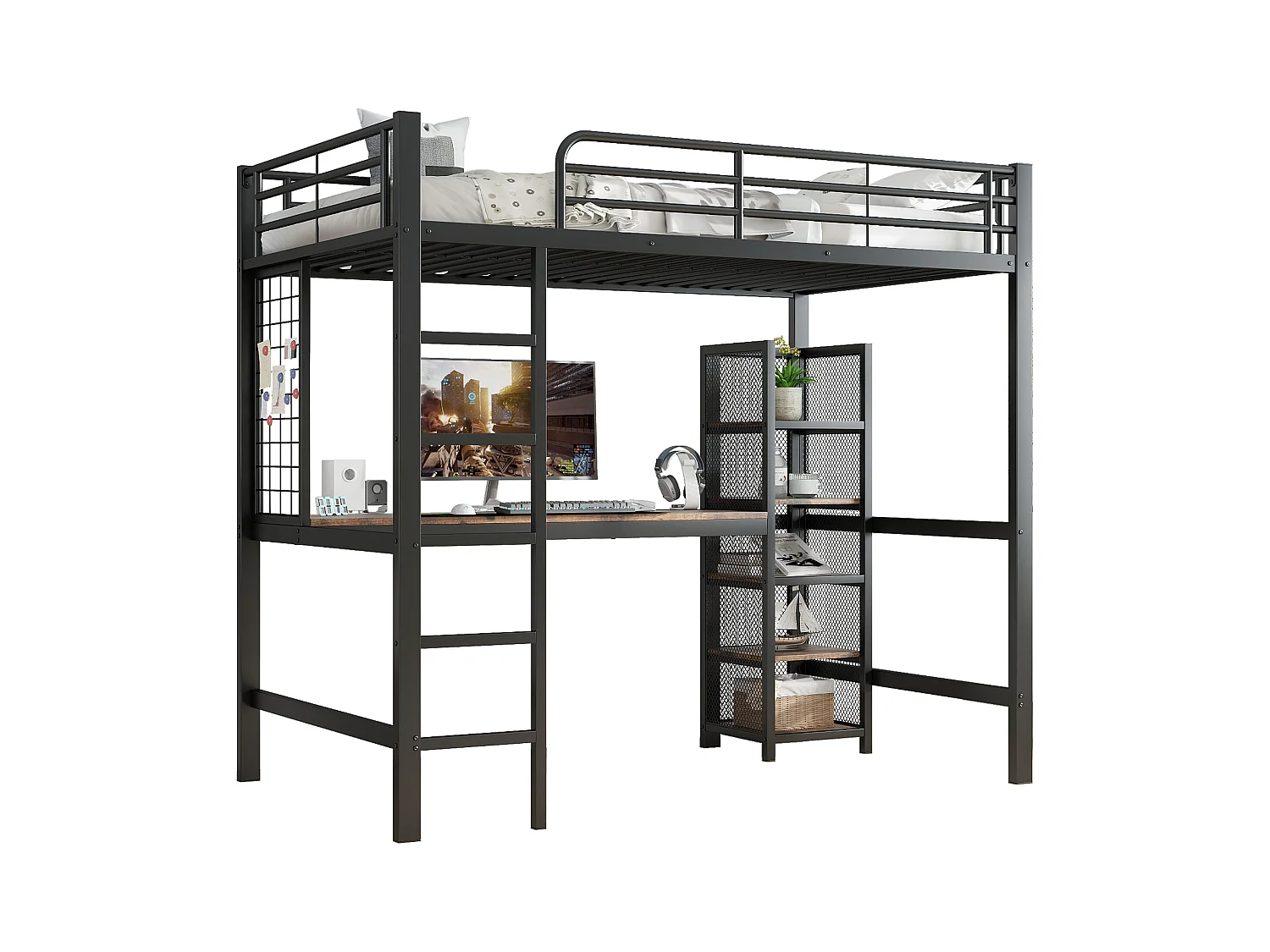 Lit mezzanine 90x200 cm - avec bureau et étagère de rangement - avec échelle de sécurité à 5 marches - Métal + MDF - Noir + Naturel