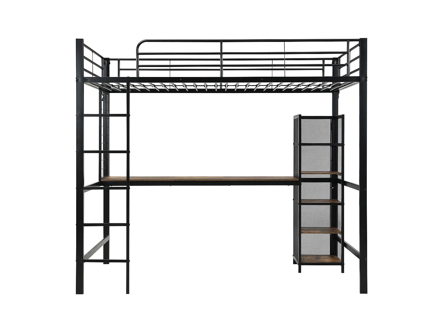 Lit mezzanine 90x200 cm - avec bureau et étagère de rangement - avec échelle de sécurité à 5 marches - Métal + MDF - Noir + Naturel