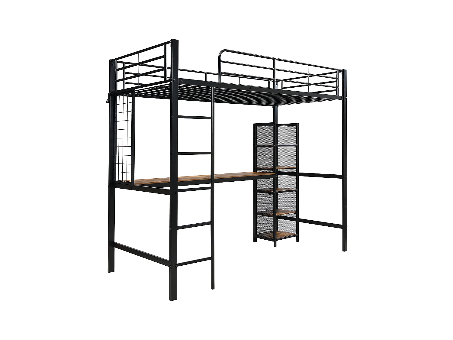 Lit mezzanine 90x200 cm - avec bureau et étagère de rangement - avec échelle de sécurité à 5 marches - Métal + MDF - Noir + Naturel