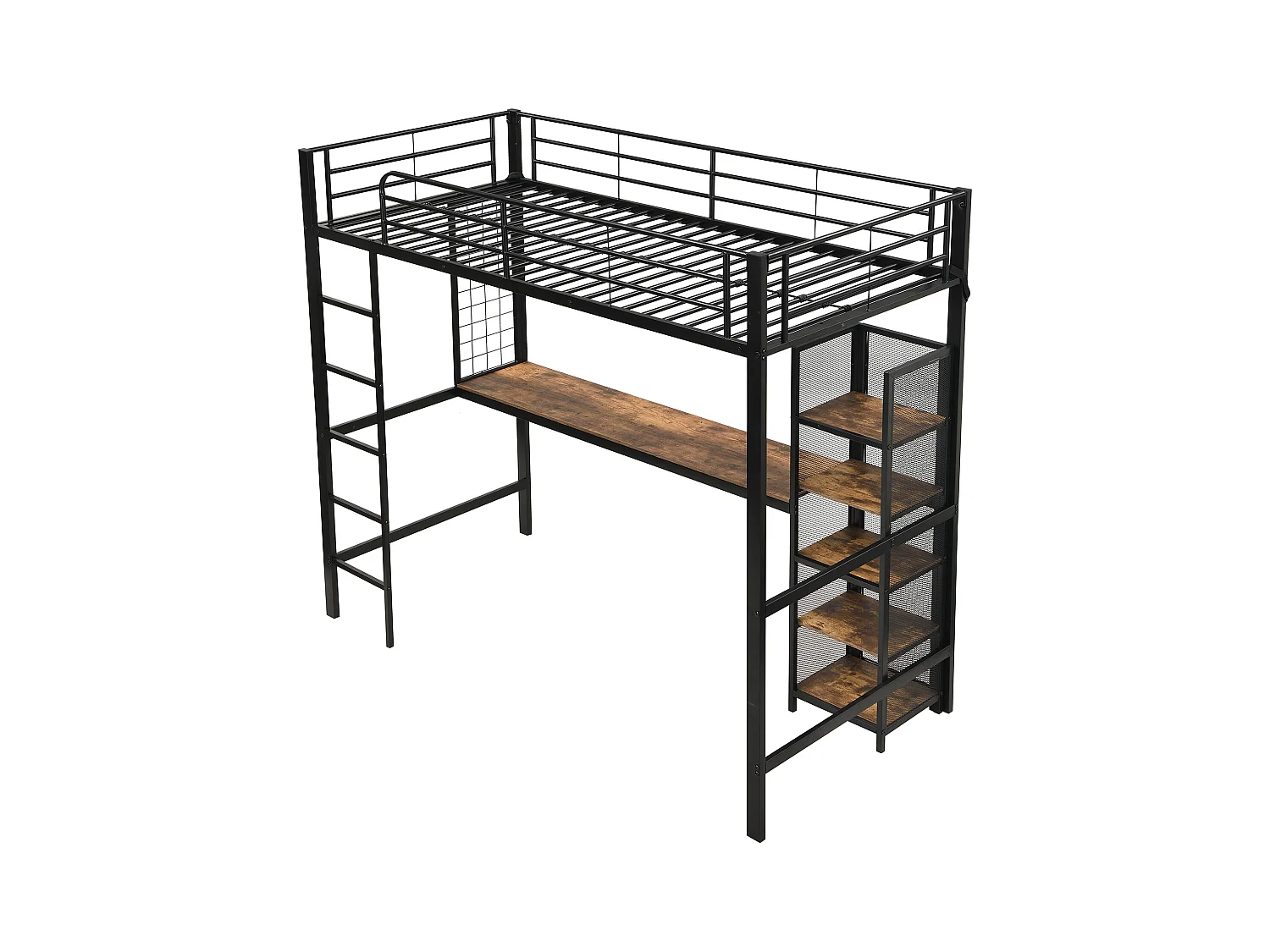 Lit mezzanine 90x200 cm - avec bureau et étagère de rangement - avec échelle de sécurité à 5 marches - Métal + MDF - Noir + Naturel
