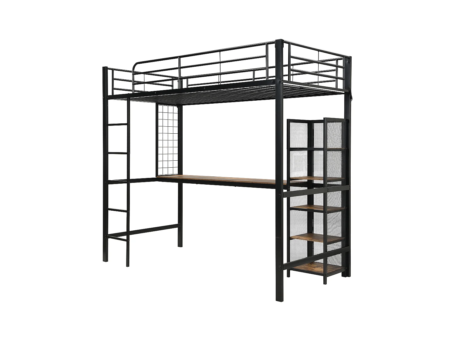 Lit mezzanine 90x200 cm - avec bureau et étagère de rangement - avec échelle de sécurité à 5 marches - Métal + MDF - Noir + Naturel