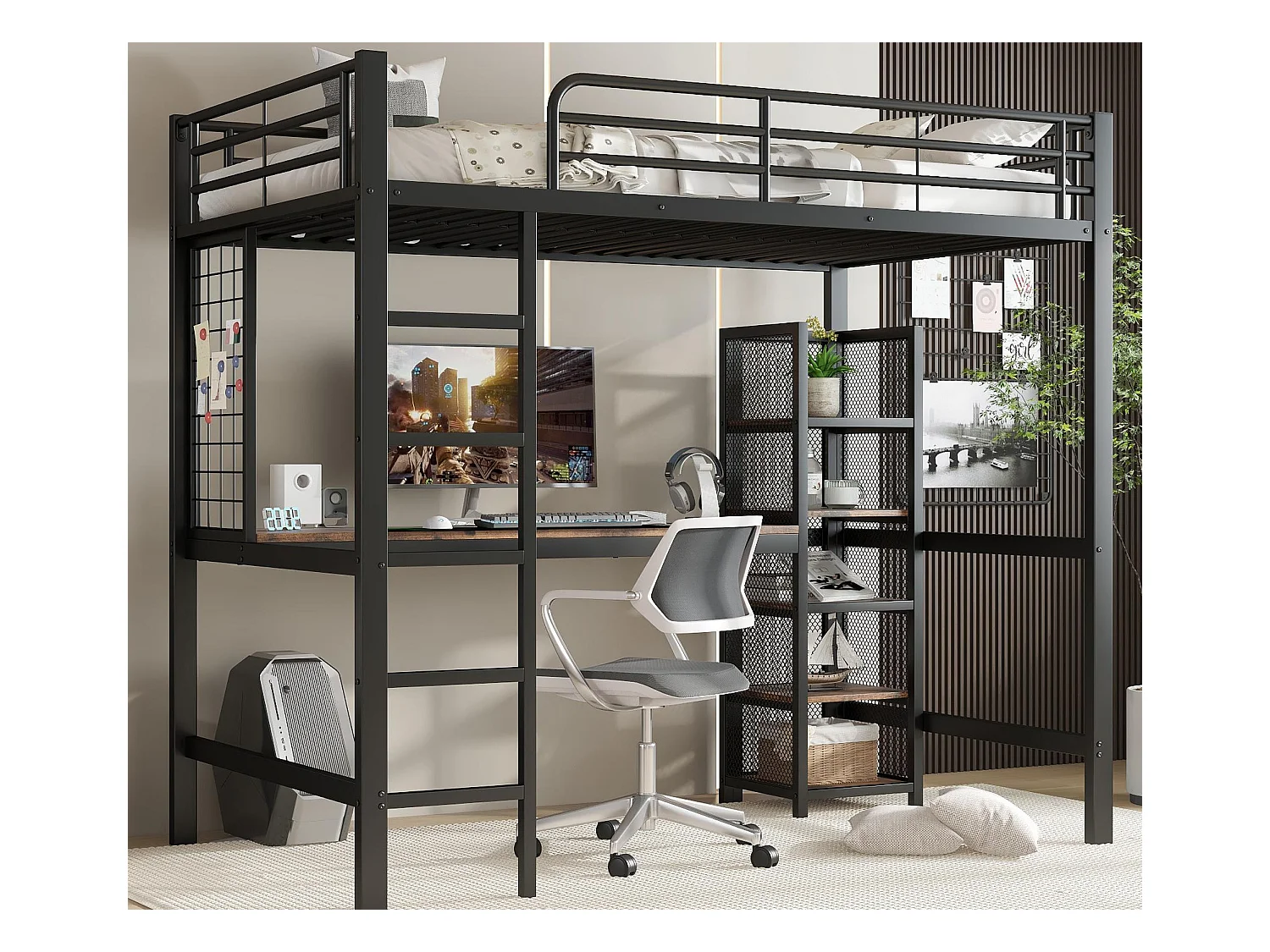 Hochbett 90×200 cm - mit Schreibtisch und Regal - mit 5-stufiger Sicherheitsleiter - Metall + MDF - Schwarz + Natur
