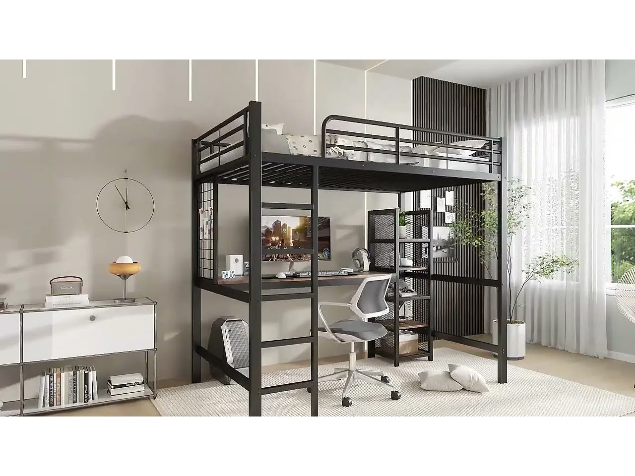 Lit mezzanine 90x200 cm - avec bureau et étagère de rangement - avec échelle de sécurité à 5 marches - Métal + MDF - Noir + Naturel