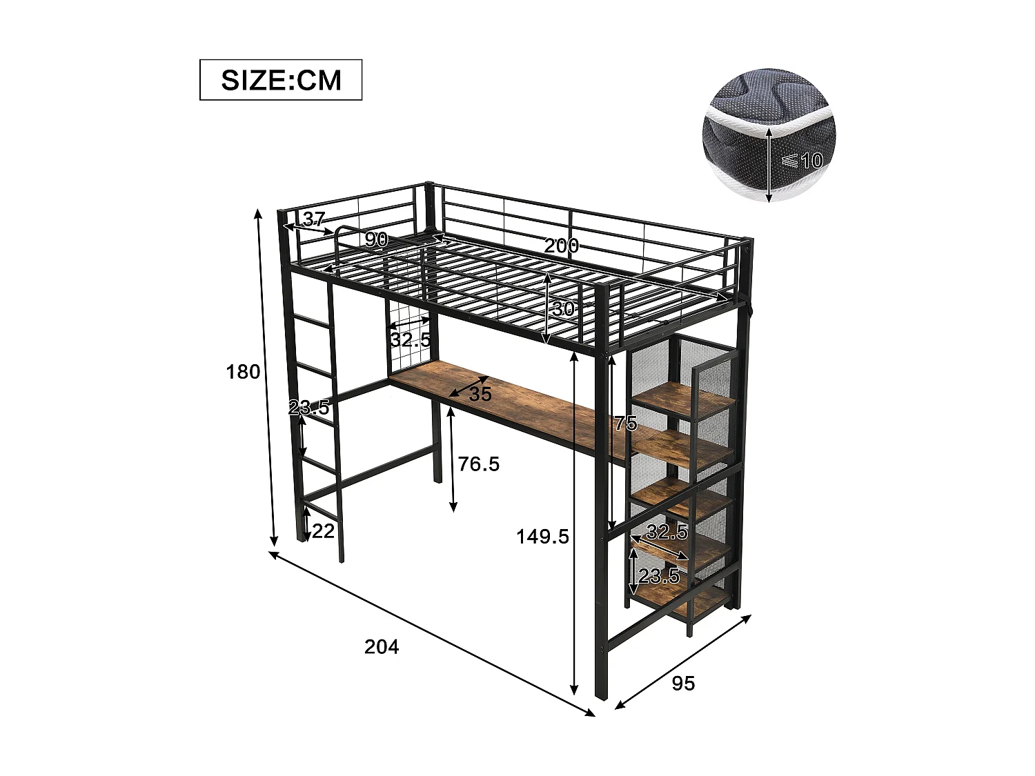 Lit mezzanine 90x200 cm - avec bureau et étagère de rangement - avec échelle de sécurité à 5 marches - Métal + MDF - Noir + Naturel