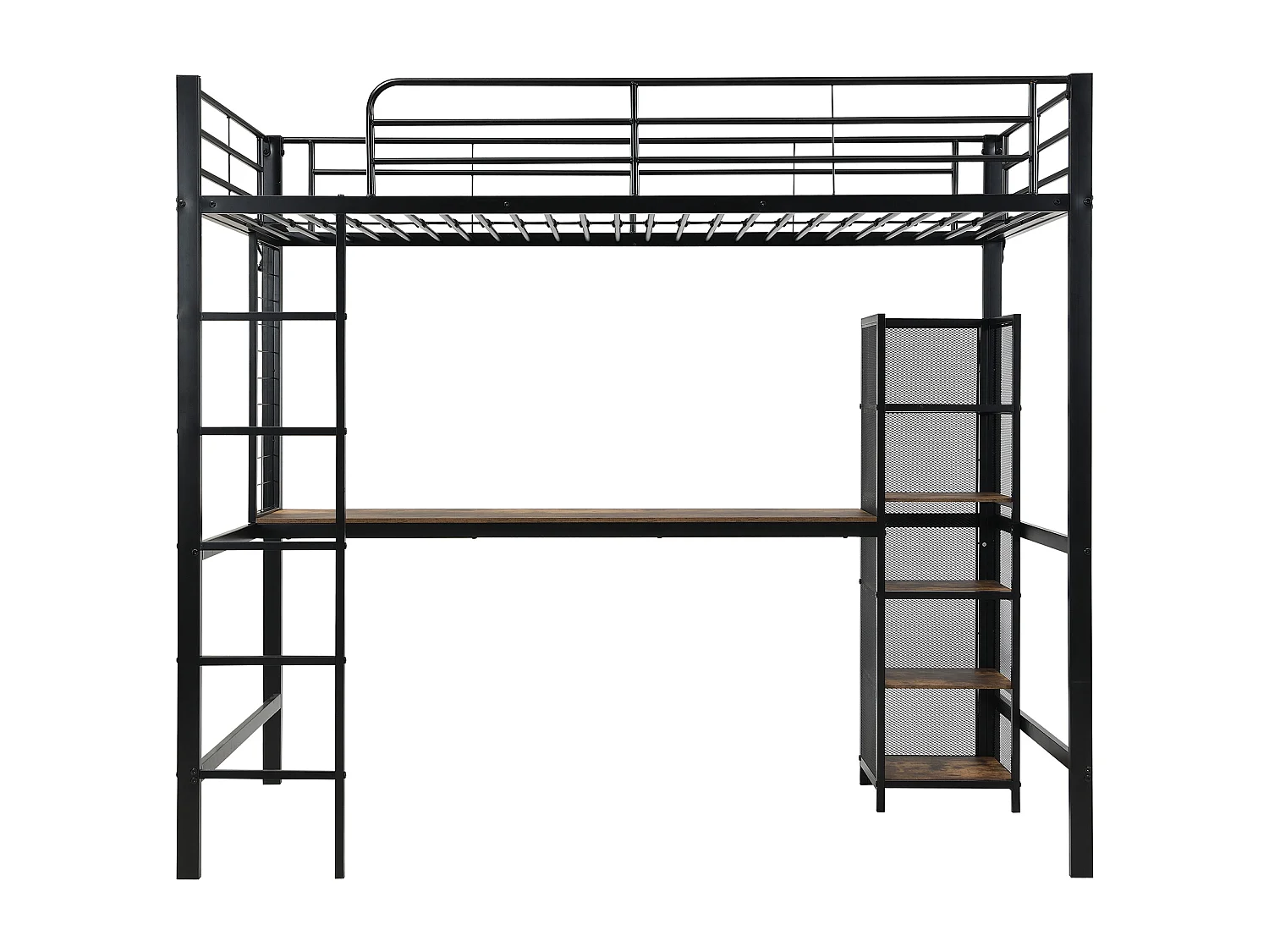 Lit mezzanine 90x200 cm - avec bureau et étagère de rangement - avec échelle de sécurité à 5 marches - Métal + MDF - Noir + Naturel