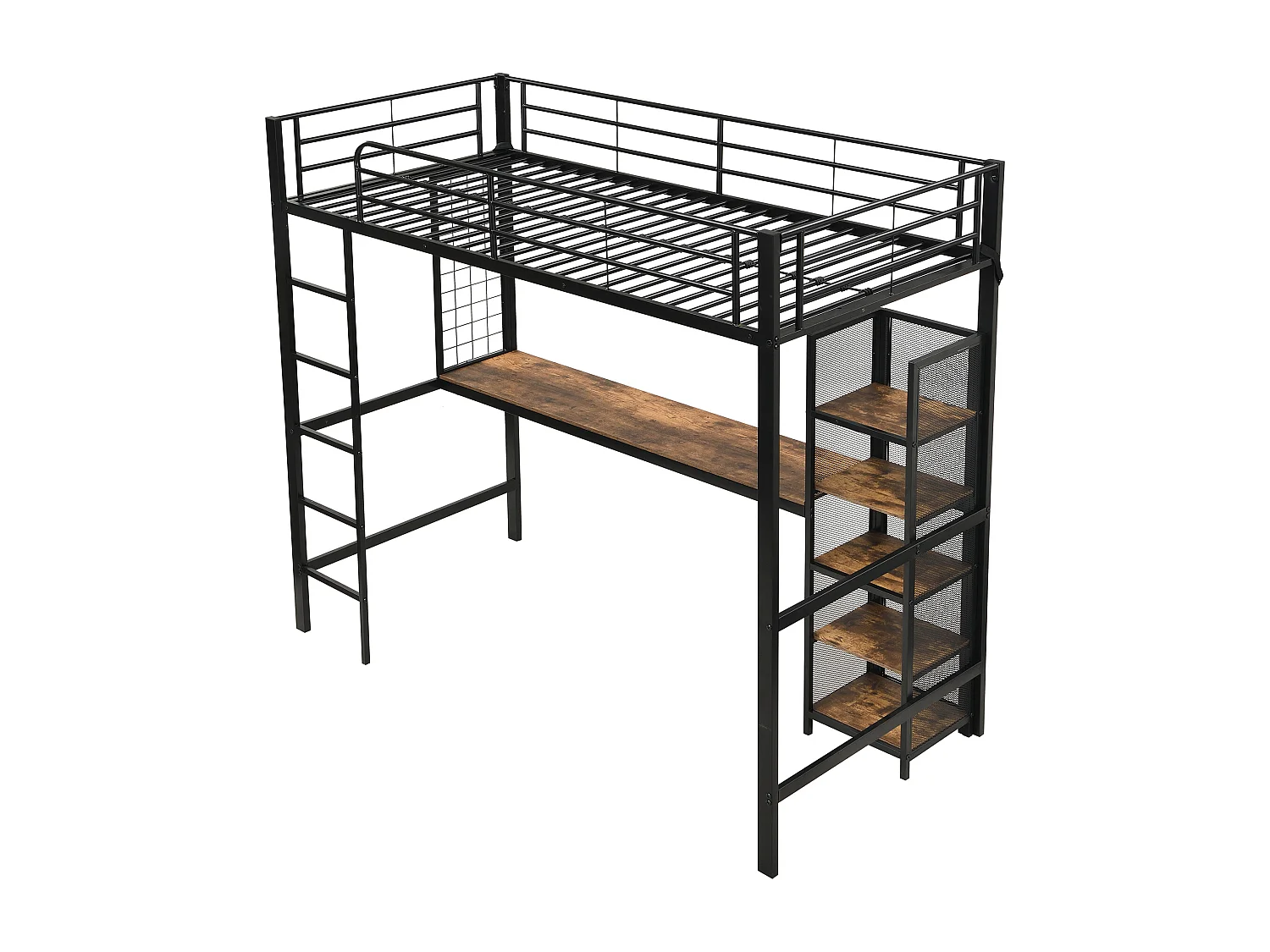 Lit mezzanine 90x200 cm - avec bureau et étagère de rangement - avec échelle de sécurité à 5 marches - Métal + MDF - Noir + Naturel