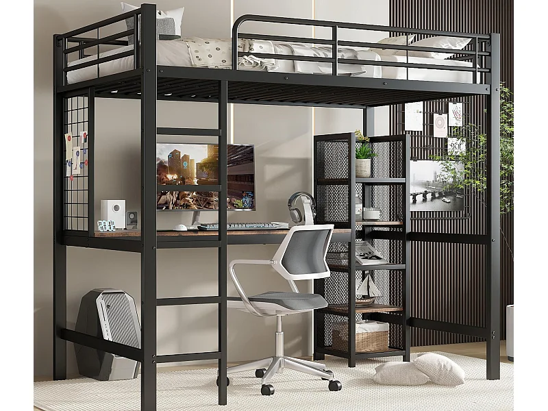 Letto soppalcato 90×200 cm - con scrivania e mensole - con scala di sicurezza a 5 gradini - Metallo + MDF - Nero + Naturale