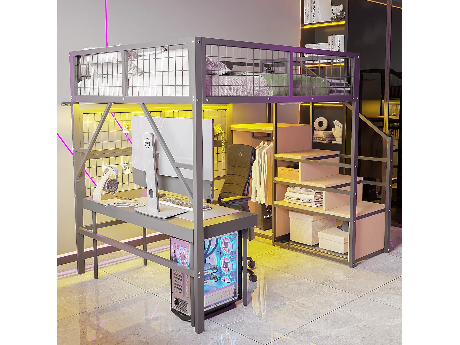 Loftbed 140x200 - met LED-verlichting - met opbergtrap - met open kledingkast - zwart (zonder matras)