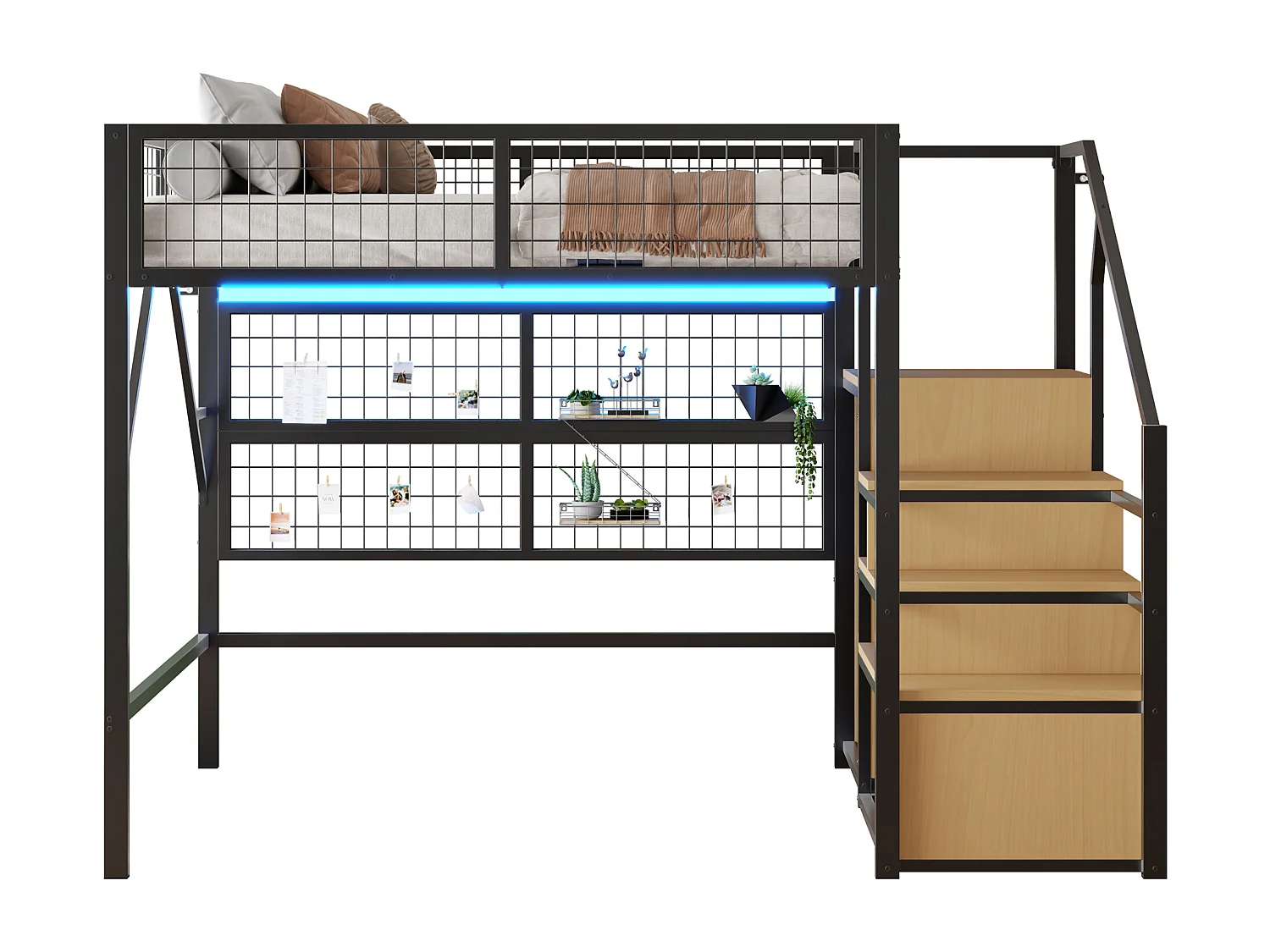 Loftbed 140x200 - met LED-verlichting - met opbergtrap - met open kledingkast - zwart (zonder matras)