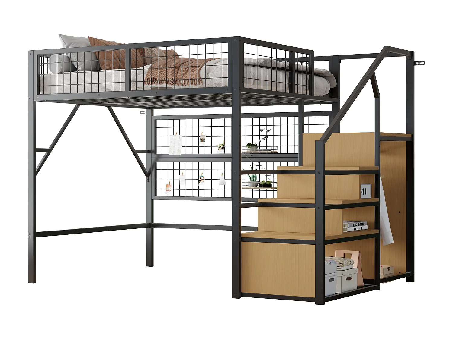 Loftbed 140x200 - met LED-verlichting - met opbergtrap - met open kledingkast - zwart (zonder matras)