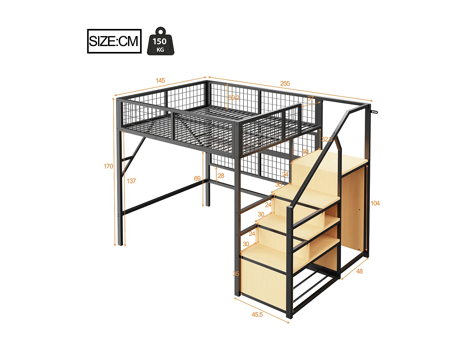 Hochbett 140x200 - mit LED-Beleuchtung - mit Aufbewahrungstreppe - mit offenem Kleiderschrank - schwarz (ohne Matratze)