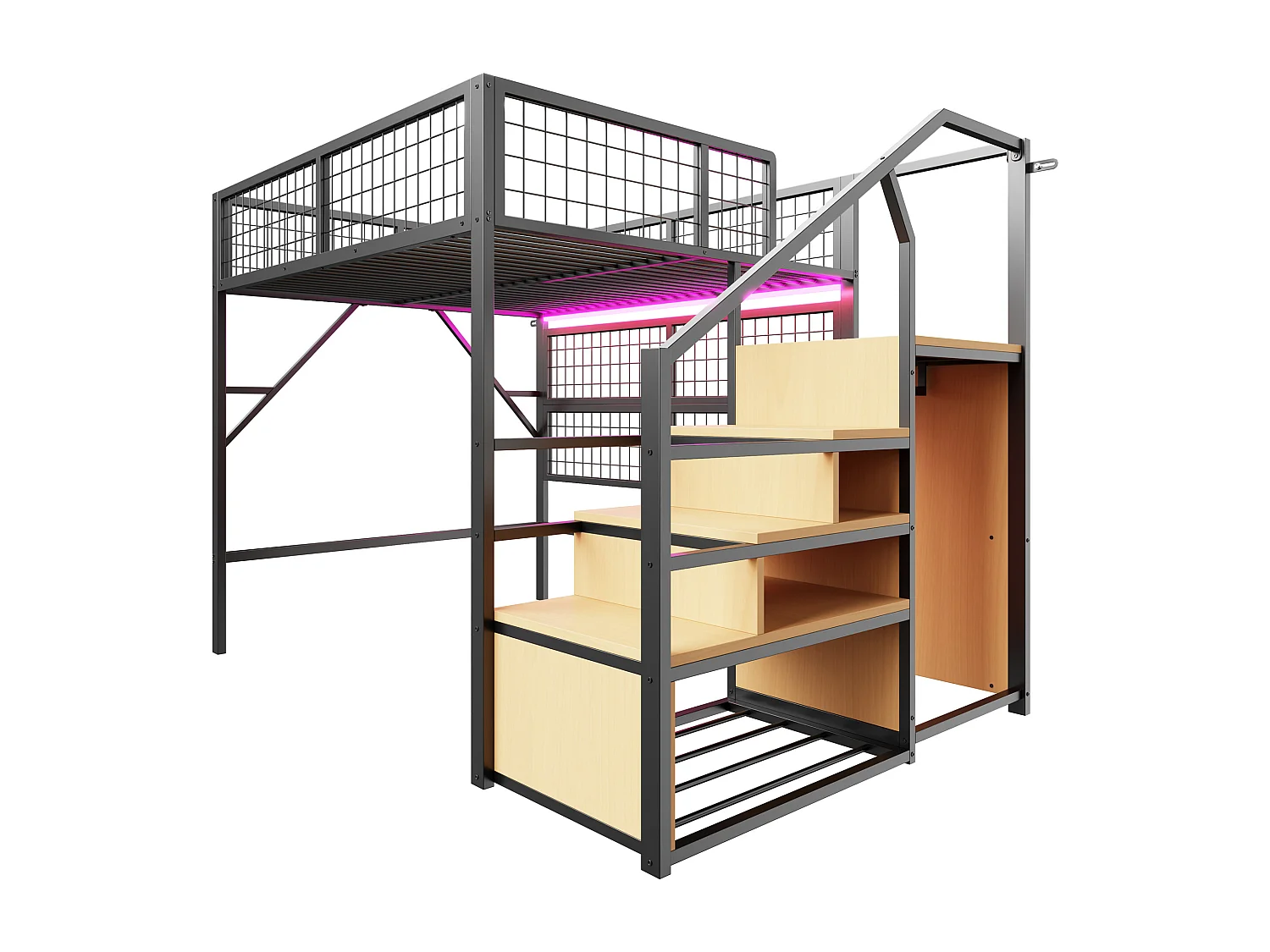 Hochbett 140x200 - mit LED-Beleuchtung - mit Aufbewahrungstreppe - mit offenem Kleiderschrank - schwarz (ohne Matratze)