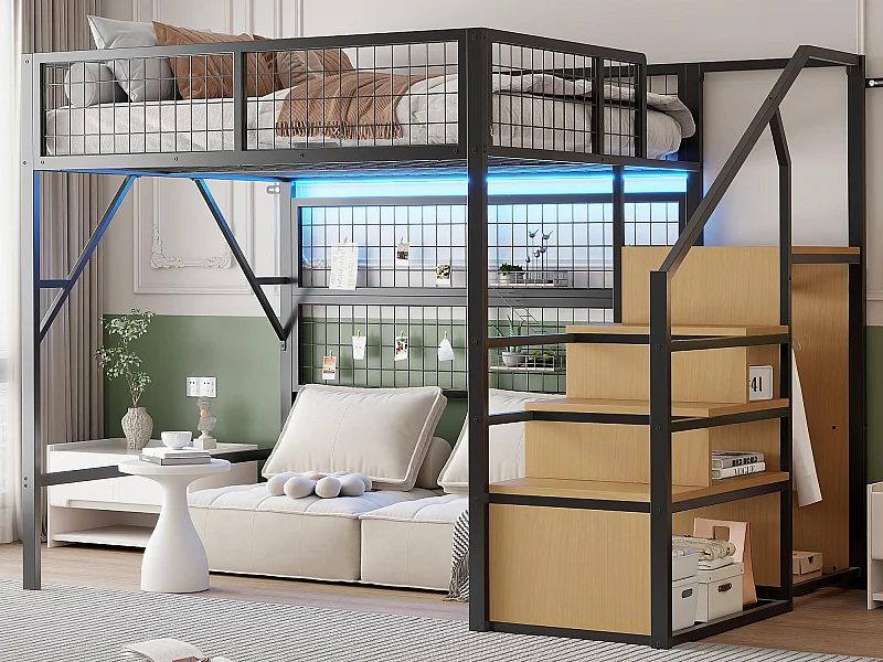 Hochbett 140x200 - mit LED-Beleuchtung - mit Aufbewahrungstreppe - mit offenem Kleiderschrank - schwarz (ohne Matratze)