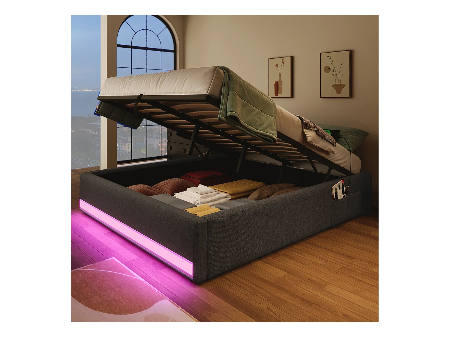 Lit coffre rembourré 140x200cm - avec bande lumineuse LED - avec ports USB + Type-C - beige (matelas non inclus)