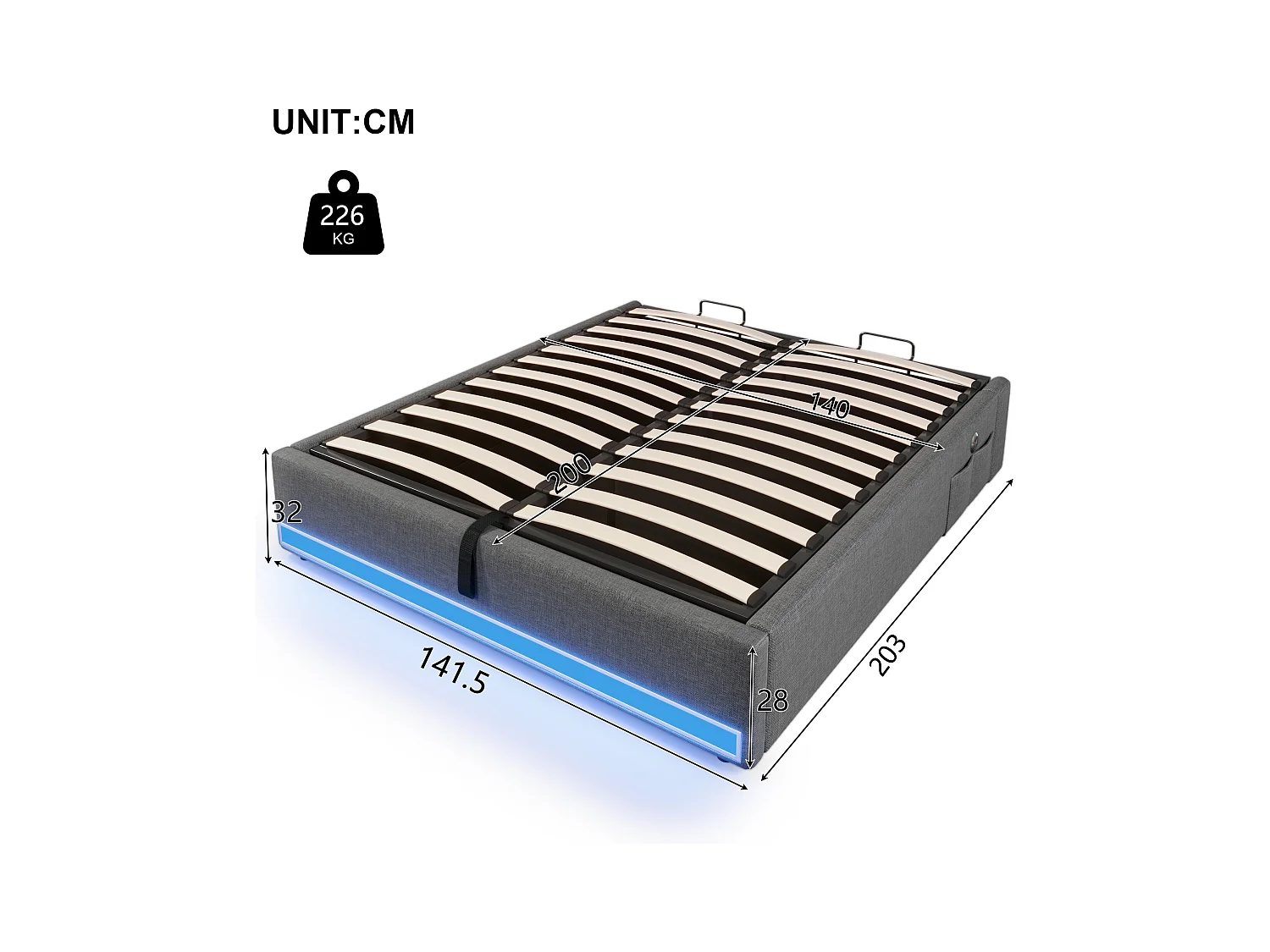 Lit coffre rembourré 140x200cm - avec bande lumineuse LED - avec ports USB + Type-C - beige (matelas non inclus)