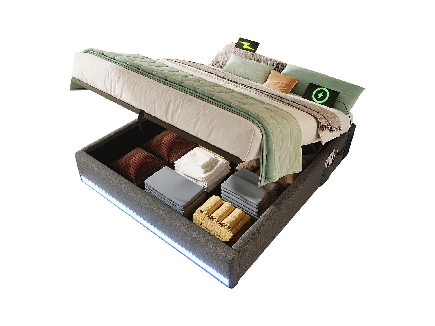 Lit coffre rembourré 140x200cm - avec bande lumineuse LED - avec ports USB + Type-C - beige (matelas non inclus)