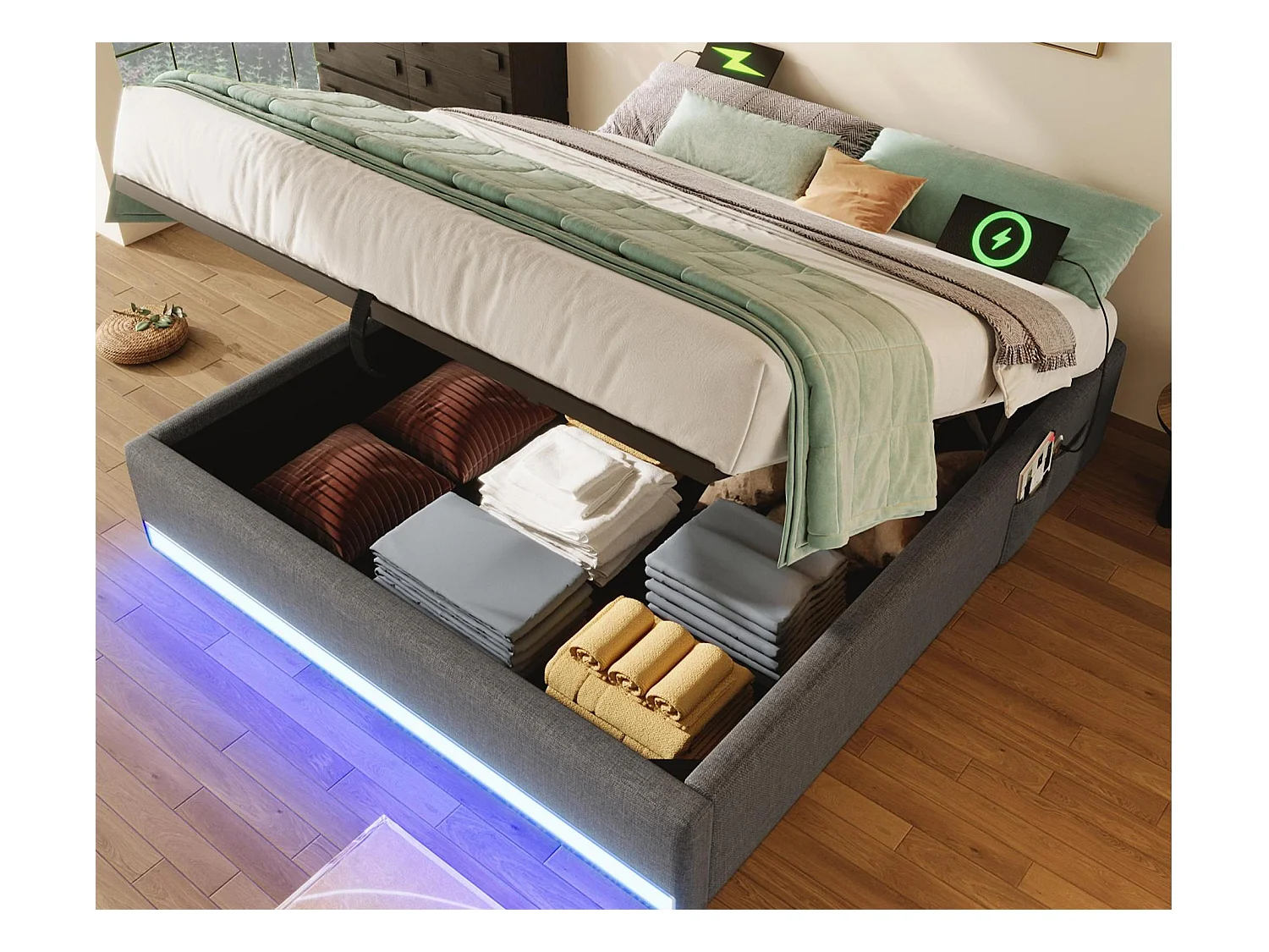 Lit coffre rembourré 140x200cm - avec bande lumineuse LED - avec ports USB + Type-C - beige (matelas non inclus)