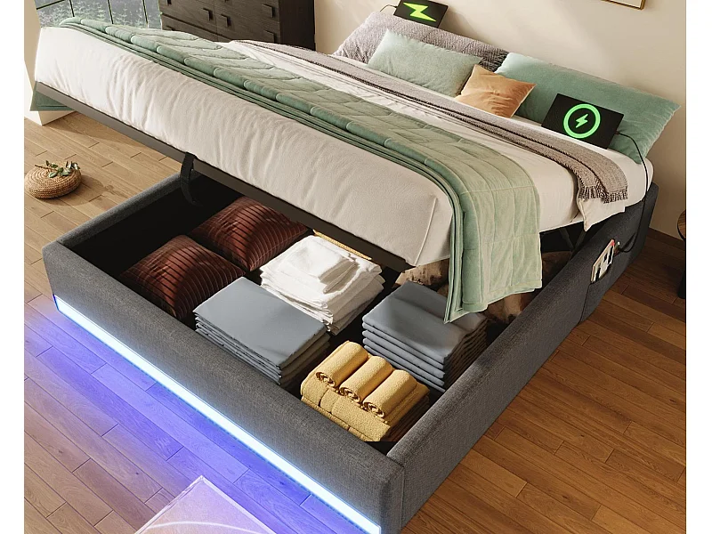Lit coffre rembourré 140x200cm - avec bande lumineuse LED - avec ports USB + Type-C - beige (matelas non inclus)