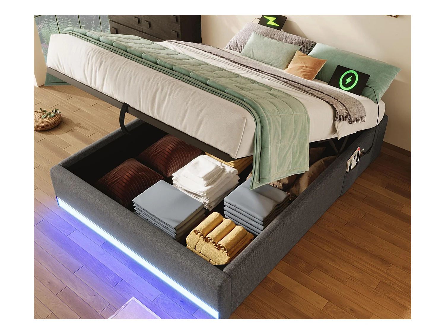 Gepolstertes Bett mit Stauraum 90x200cm - mit LED-Lichtleiste - mit USB + Type-C Anschlüssen - grau (Matratze nicht enthalten)
