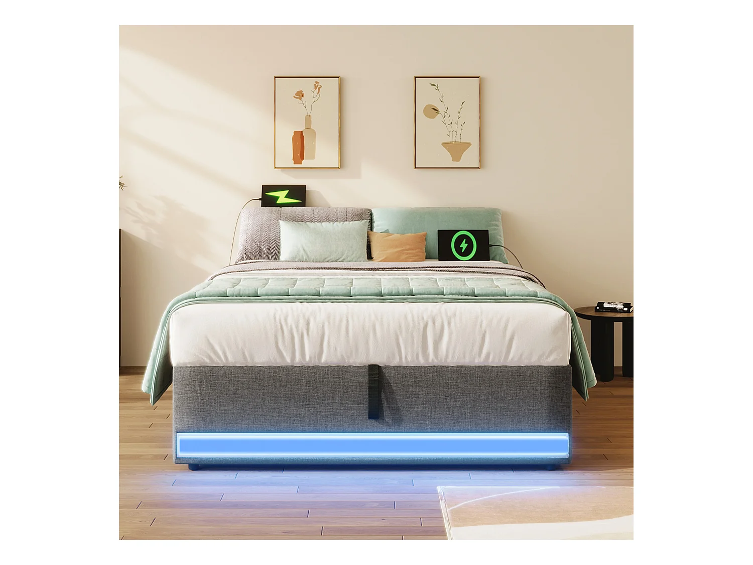 Gepolstertes Bett mit Stauraum 90x200cm - mit LED-Lichtleiste - mit USB + Type-C Anschlüssen - grau (Matratze nicht enthalten)