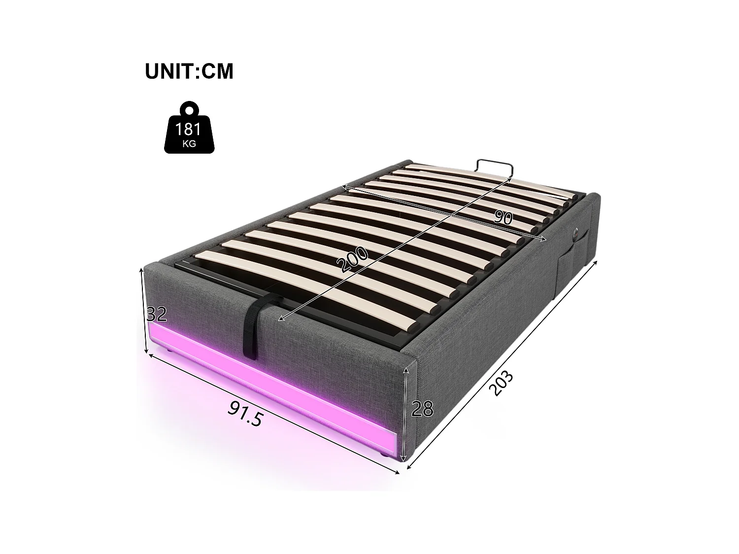 Gepolstertes Bett mit Stauraum 90x200cm - mit LED-Lichtleiste - mit USB + Type-C Anschlüssen - grau (Matratze nicht enthalten)